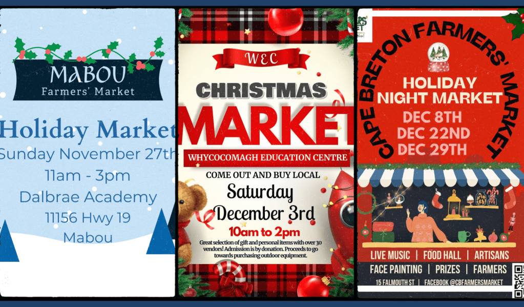 Picture of three different holiday market posters. Mabou, Whycocomagh, and Sydney Christmas market posters. 